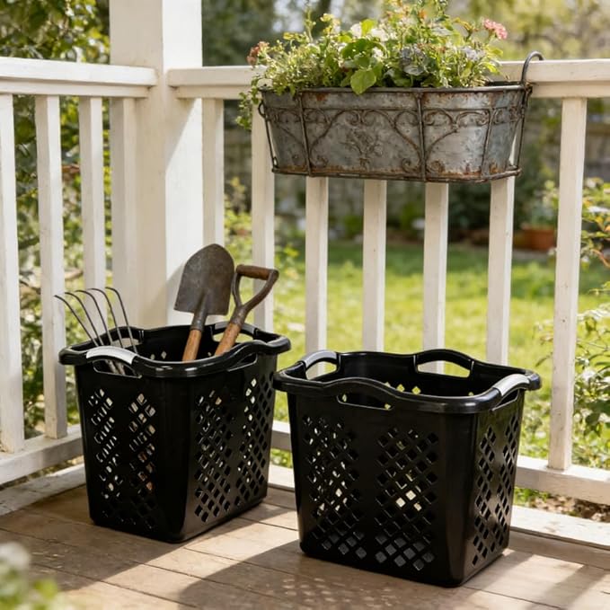 2 bushel laundry baskets with silver handles, black, 2-pack