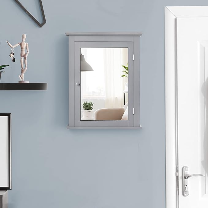COSTWAY Bathroom Medicine Cabinet with Mirror, Wall-Mounted Storage Cabinet Organizer with 5-Position Adjustable Shelf, Hanging Bathroom Wall Cabinet for Living Room Bedroom Entryway (Grey)