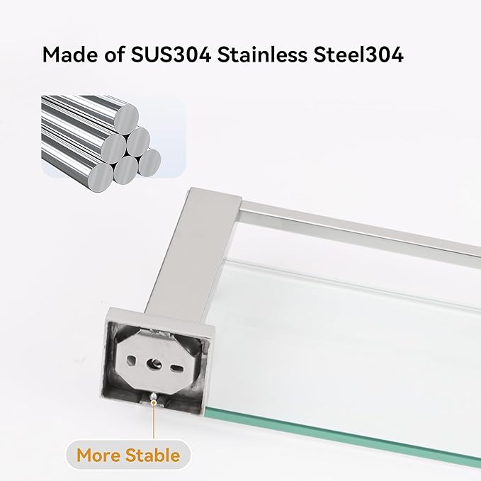 LANC Chrome Bathroom Shelf Glass Shelves 20-Inch Floating Tempered Glass Shelf Rectangular Stainless Steel Wall Mounted Silver Polished Shelves for Bathroom Kitchen Organizers Accessories, A7613CP