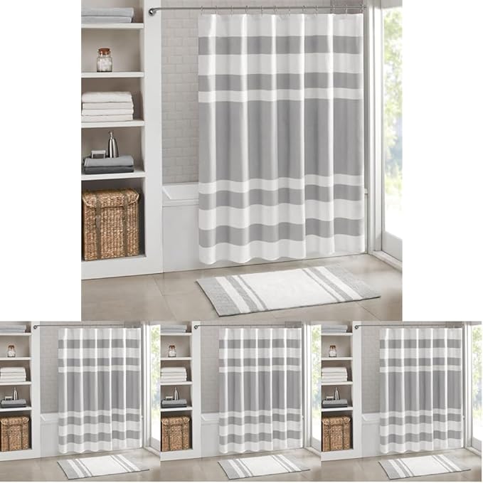 Madison Park Shower Curtain Waffle Weave Striped Pieced Design Fabric Shower Curtains for Bathroom with 3M Scotchgard Moisture Management Premium Spa Quality Modern Standard 72"x72" Grey,(Pack of 4)