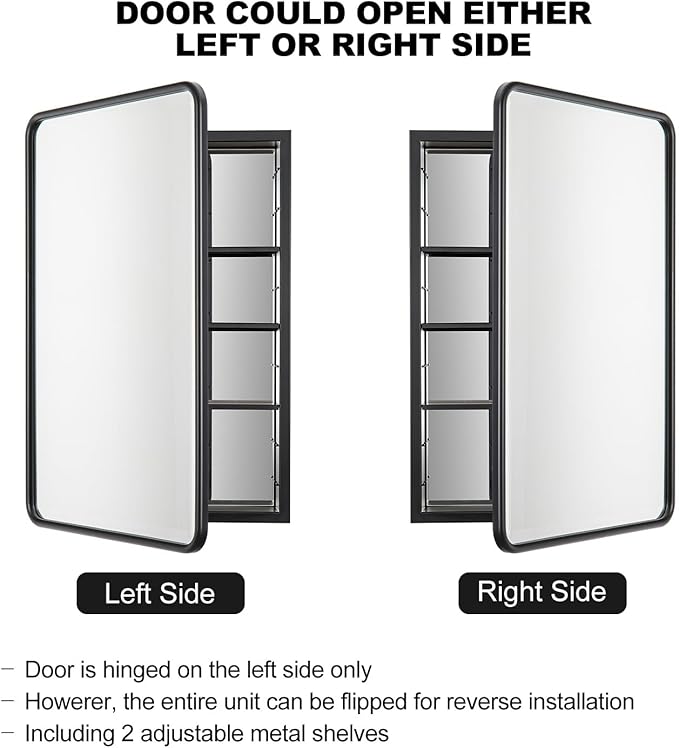 Black Bathroom Medicine Cabinet with Mirror 21 x 34 Metal Frame Recessed Or Wall Mounted Single Door Storage Medicine Cabinets with Adjustable Shelves Rounded Corner Beveled Mirrors