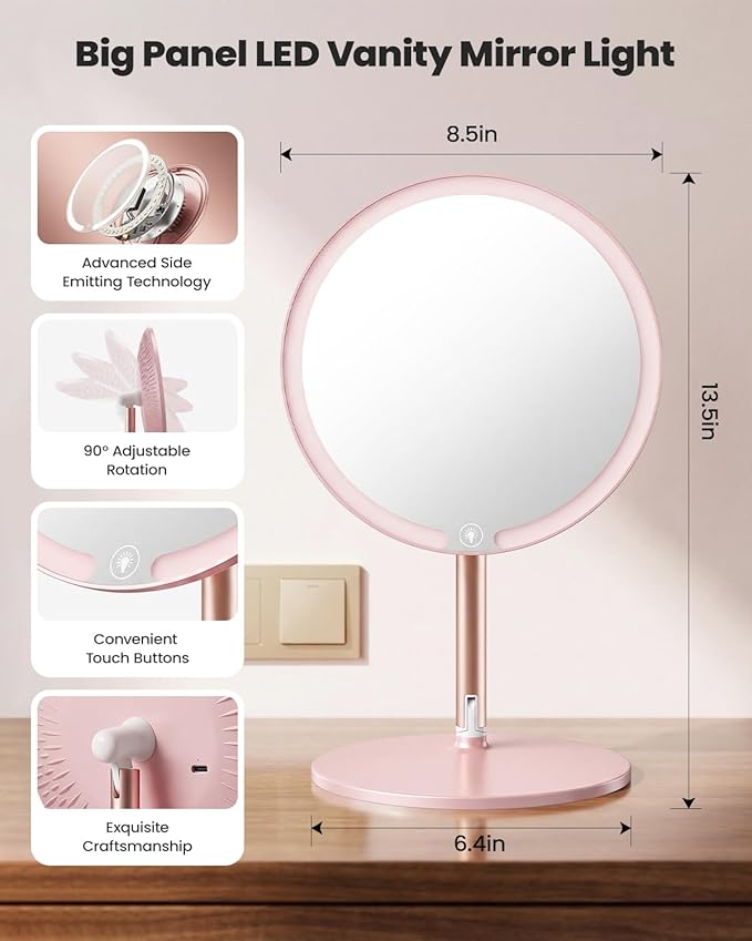 SJZX Cute Pink Lighted Makeup Mirror, Rechargeable Vanity Mirror with 70 LEDs & 1400 Lux, 3 Color Lighting, Dimmable Touch Screen, Portable Detachable Stand for Desk & Tabletop, Women Gift