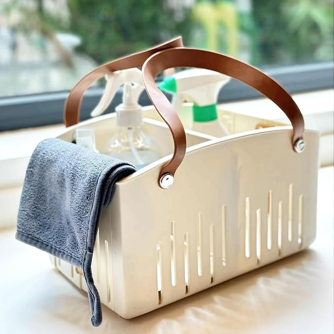Portable Shower Caddy,Foldable Shower Caddy with Handle and Adjustable Divider,Plastic Shower Storage Basket,Quick Dry Bathroom Shower Organizer Bin for College,Dorm Room,Travel Essentials(Cream)