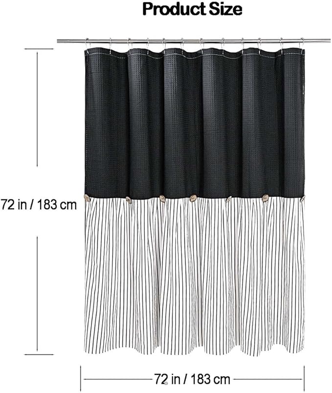 Farmhouse Shower Curtain, Black and Black Striped, Button Curtain, Spa Waffle and Cotton Woven Fabric, Rustic Charm Country Chic Style, 72x72 in