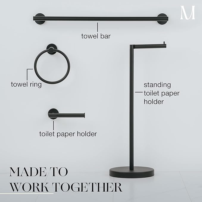Marmolux Acc - 4 Piece Matte Black Bathroom Hardware Set - Towel Rack Set, Towel Holder & Wall Mounted Fixtures - Stainless Steel Matte Black Accessories