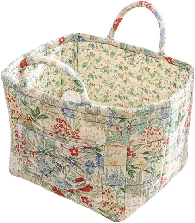 Quilted Fabric Storage Basket Boho Floral Laundry Hamper with Handle Foldable Floral Basket Organizer for Car Bedroom