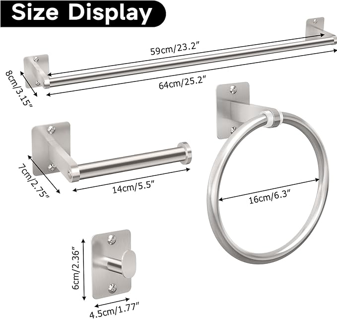 Brushed Nickel Bathroom Accessories Set, 10 Pieces Bathroom Hardware Set, 24 inch Towel Bar, Towel Racks for Bathroom, Robe Towel Hooks, Toilet Paper Holder Wall Mounted