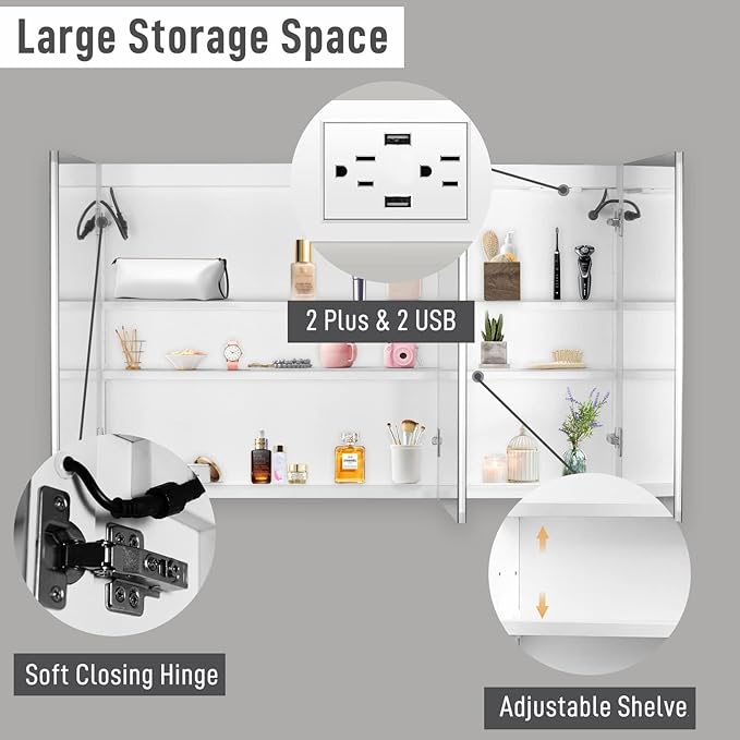 Karl home 3-Doors 48"x28" LED Medicine Cabinet for Bathroom, 3-Color Wall Mounted Dimmable Bathroom Cabinet with 3-Tiers Storage Shelves, Anti-Fog, USB Charge, White