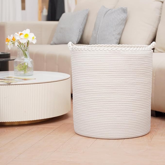 90L Oversize Woven Laundry Basket,Cotton Tall Laundry Hamper for Blankets,Clothes,Pillows,Toys,Shoes Large Laundry Bin White