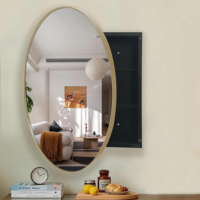 FOAMYKO Round Medicine Cabinet, Circular Bathroom Mirror Cabinet, Wall Surface Mounted Storage Farmhouse Cabinet (Gold, 30"x30")