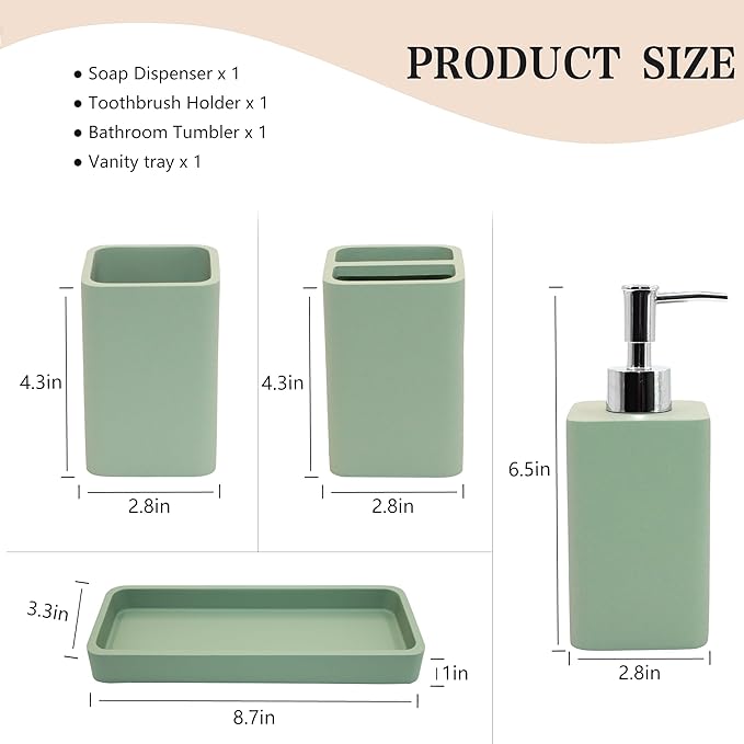 YMXYJM Bathroom Accessories Set, 4 Pcs Bathroom Accessory Set, Soap Dispenser, Toothbrush Holder, Qtip Holder Set, Bathroom Sets Complete, Bathroom Sink Set for Modern Home Decor,Green