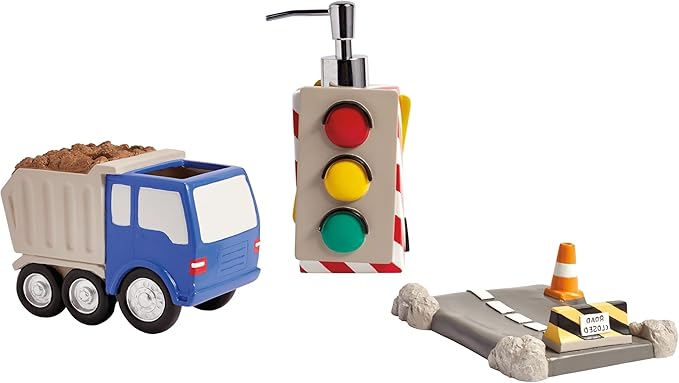 dream FACTORY Trains and Trucks Kids Bathroom Accessories Set - 3-Piece Organizer Décor for Bath Countertop - 1 Toothbrush Holder, 1 Lotion Pump / Soap Dispenser, 1 Soap Dish Tray, Grey