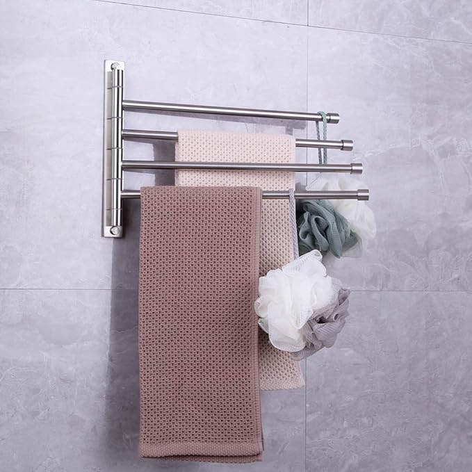 Swivel Towel Bar 4-Arm Bathroom Towel Holder Wall-Mounted Swing Out Towel Rack with Hooks Rustproof Brushed Finish