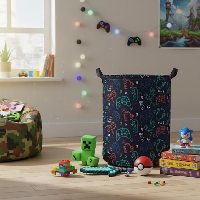 Baby Laundry Hamper kids laundry Basket Waterproof Storage Bin for Bedroom Toy Clothes Organizer Basket Woodland Animals Room D??cor(Blue Game)