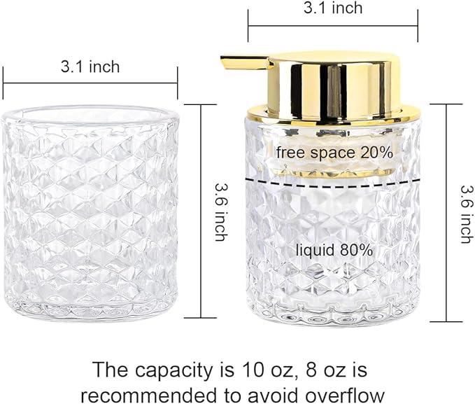 Bathroom Accessories Set 2pcs Glass Foaming Soap Dispenser and Toothbrush Holder for Bathroom Countertop, Clear Glass Bathroom Assessory Set with Gold Decor