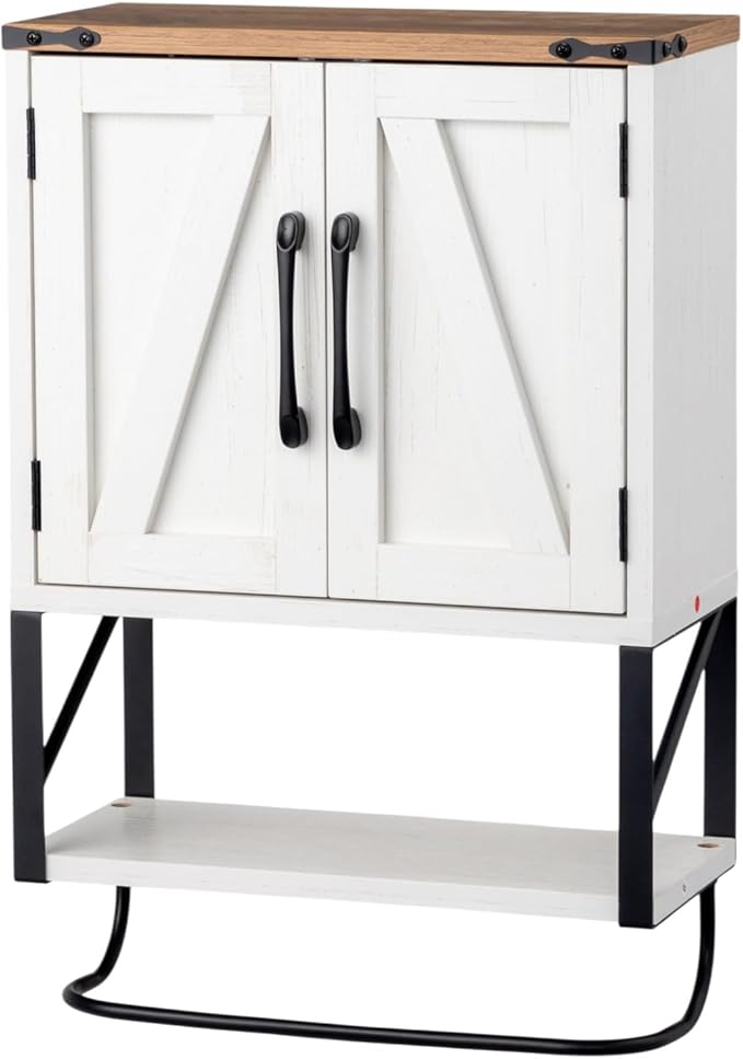 VINGLI Bathroom Wall Cabinet with Towel Bar, Farmhouse Small Medicine Cabinet Wall Mounted, Rustic Wood Over The Toilet Storage Cabinet with Adjustable Shelf for Restroom Kitchen, Vintage White/Brown