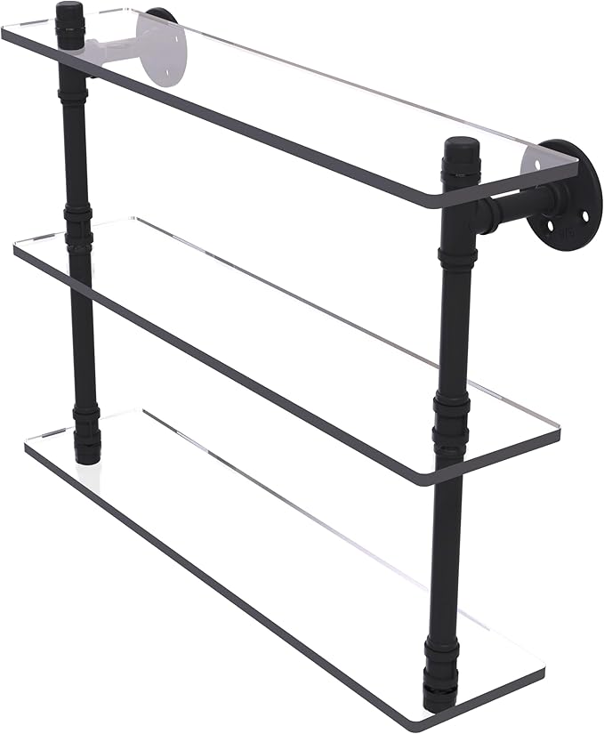 Allied Brass P-440-22-TGS-BKM Pipeline Collection 22 Inch Triple Glass Shelf, Matte Black