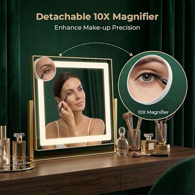 Vanity Mirror with Lights, 12" x 16" Lighted Makeup Mirror with Smart Touch Control, LED Makeup Mirror with 3 Color Lighting Modes, 360° Rotation, 10X Magnification for Tabletop - Gold