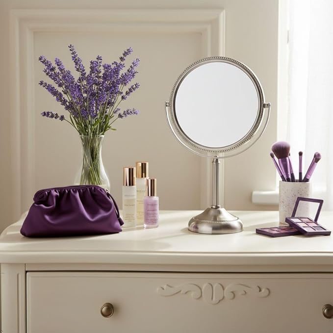 JERDON Two-Sided Tabletop Makeup Mirror - Makeup Mirror with 10X Magnification & Swivel Design - Portable 6-Inch Diameter Mirror in Nickel Finish - Model JP910NB