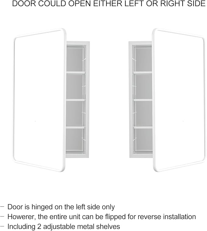 White Bathroom Medicine Cabinet with Mirror 17 x 27 Metal Frame Recessed Or Wall Mounted Single Door Storage Medicine Cabinets with Adjustable Shelves Rounded Corner Beveled Mirrors