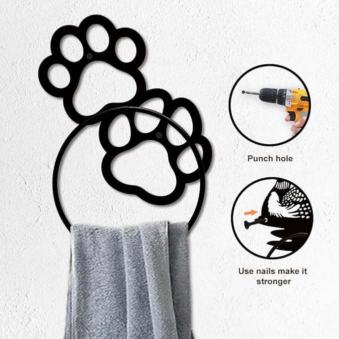 MAYJOYDIY Paw Print Metal Towel Ring Cute Cat Paw Print Towel Holder Dog Claw Pattern Towel Ring Black Art Towel Rack Wall Mounted for Bathroom Kitchen Towel Hanger Home Decors Gift