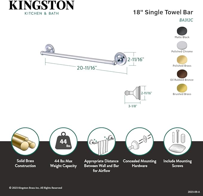 Kingston Brass BA312C Classic 18-Inch Towel-Bar, Polished Chrome