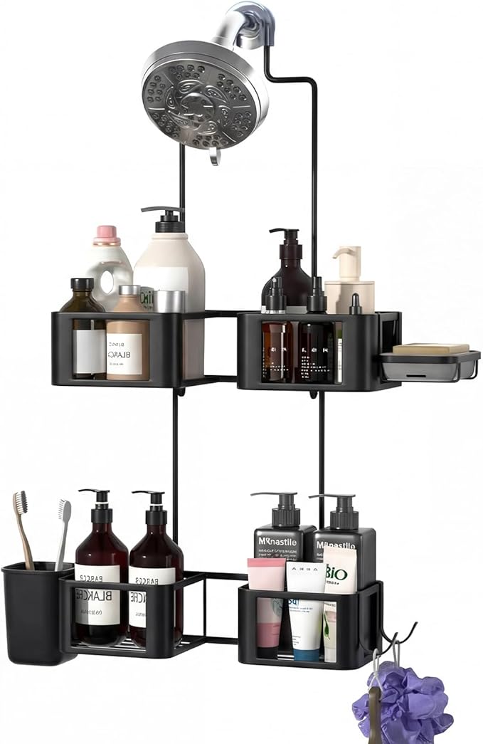 Epicano Hanging Shower Caddy for Handheld Showerheads, Anti-Swing Overhead ShowerCaddy with Removable Hooks & Holders for Razor, Sponge, Soap & Toothbrush, Stainless Steel, Black