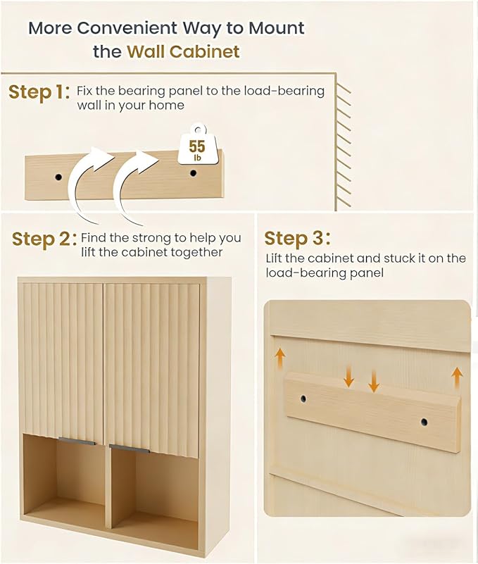 HAIOOU Fluted Bathroom Wall Cabinet with Motion Sensor Light, Curved Profile Wooden Medicine Cabinet Wall Mounted Cupboard, Wave Like Over Toilet Storage Cabinet with Buffering Hinges - Natural