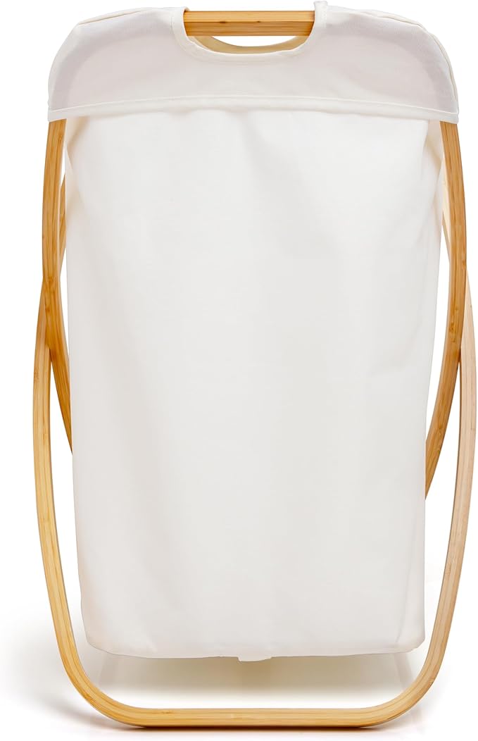 QUALIAZERO 72L Bamboo X-Frame Laundry Hamper ā Foldable Single Section Clothes Basket with Removable Bag & Bottom Handle, Ideal for Bathroom, Bedroom, or Dorm (FEATHER CREAM, X-FRAME)