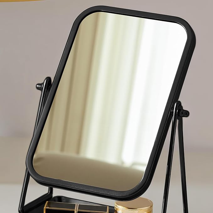 Small Mirror for Desk Table Black Metal Framed Freestanding Vanity Mirrors with Storage 360°Rotation Countertop Mirror Portable Makeup Mirrors for Dressing Bathroom Bedroom Dorm