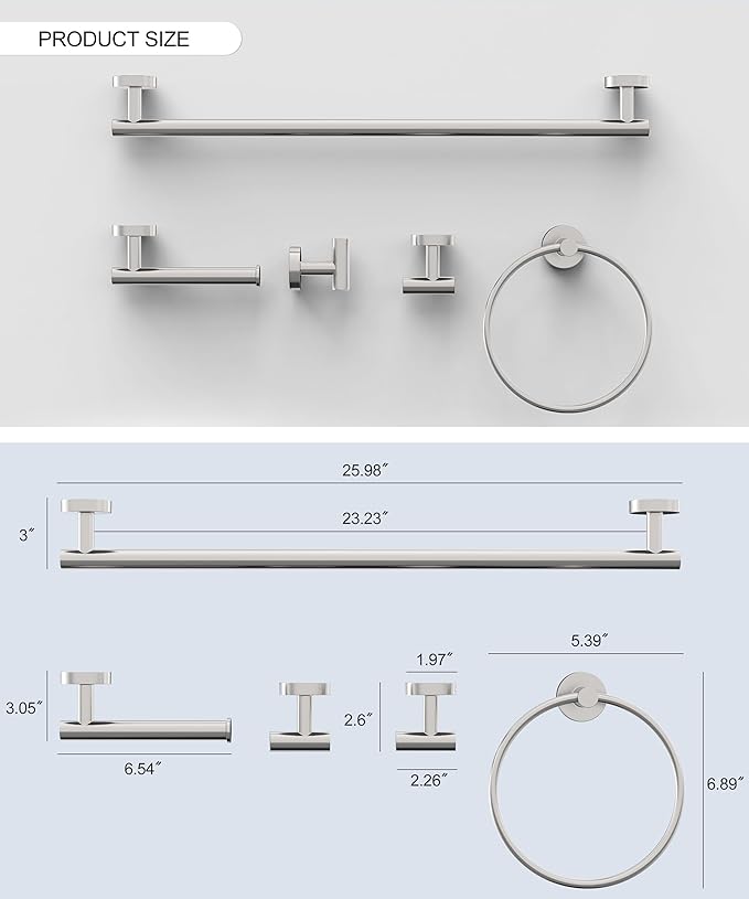 Brushed Nickel Bathroom Hardware Accessories Set 5 Pcs SUS304 Stainless Steel 26 Inch Hand Towel Bar Toilet Paper Holder Towel Ring Robe Towel Hooks Wall Mounted by HOMEMYSTIQUE