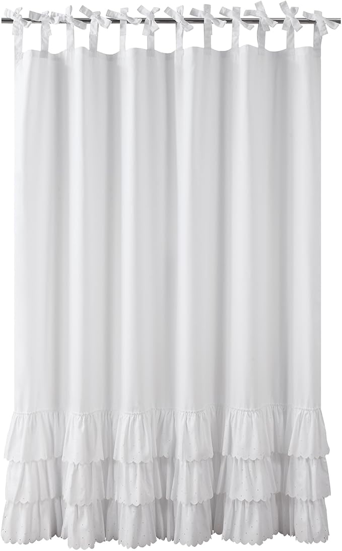 Adjustable Bow-Tie Top White Ruffle Shower Curtain for Girls Women, Delicate Fabric Shower Curtain with Handcrafted Ruffles and Small Holes, Waterproof Ruched Farmhouse Bathroom Curtain, 72"W x 72"H