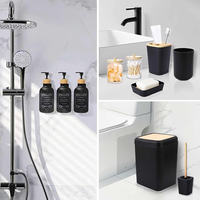 XLHOMO Black and Wood Bathroom Accessories Set 19Pcs, Bathroom Set with Trash Can and Toilet Brush, 3PCS Drill Free 17oz Soap Dispenser Wall Mounted, Toothbrush Holder and Cup, Soap Dish, Qtip Holder