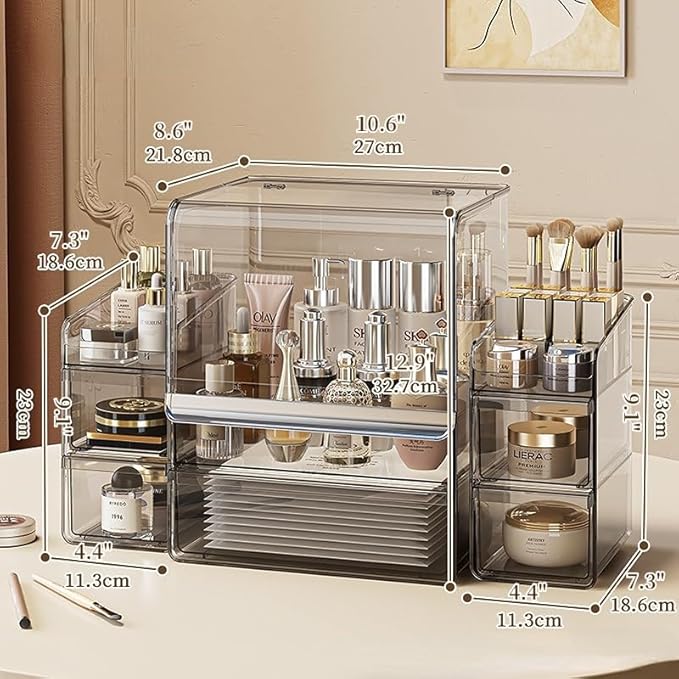 Makeup Organizer with Lid Drawers Translucent Skincare Holder Large Capacity Cosmetics Countertop Storage Box for Vanity Easy Visibility Dustproof (Silver Dark,Large + Brush + Cream Organizer)