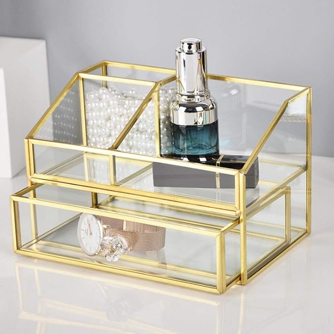 YUEHUA Clear Makeup Organizer, Glass Jewelry Display Box, Gold Makeup Nail Polish Lipsticks Eyeliners Holder Organizer for Vanity Bathroom Office