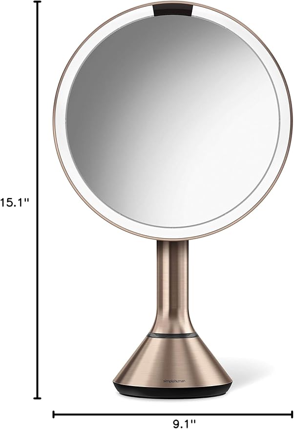 simplehuman 8" Round Sensor Makeup Mirror with Touch-Control Brightness 5X Magnification, Rechargeable and Cordless, Rose Gold Stainless Steel