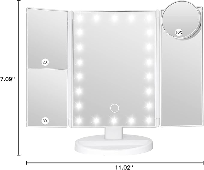 Makeup Mirror Vanity Mirror with Lights, Bathroom Adjustable Brightness Mirrors 1X/2X/3X/10X Magnification and Touch Screen Trifold Makeup Mirror Two Power Supply Modes Women Gift White