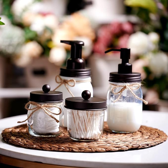Amolliar Mason Jar Bathroom Accessories Set(4 Pack) - Foaming Soap Dispenser&Qtip Holder Set&Toothbrush Holder-Rustic Farmhouse Decor Bathroom Organizer Apothecary Jar Country Countertop (Bronze)