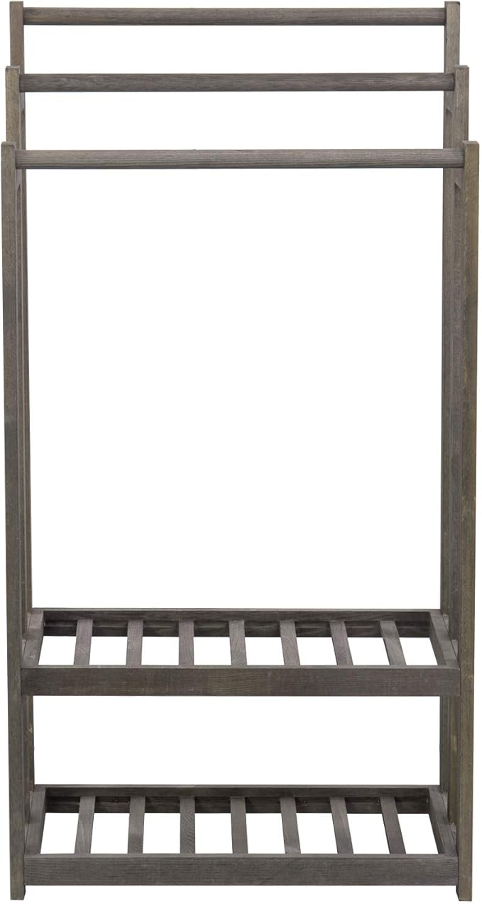 MyGift 3-Tier Free Standing Towel Rack with 2 Bottom Storage Shelves for Bathroom, Blanket Holder Organizer for Living Room, Bath Towel Drying for Laundry, Vintage Gray Wood