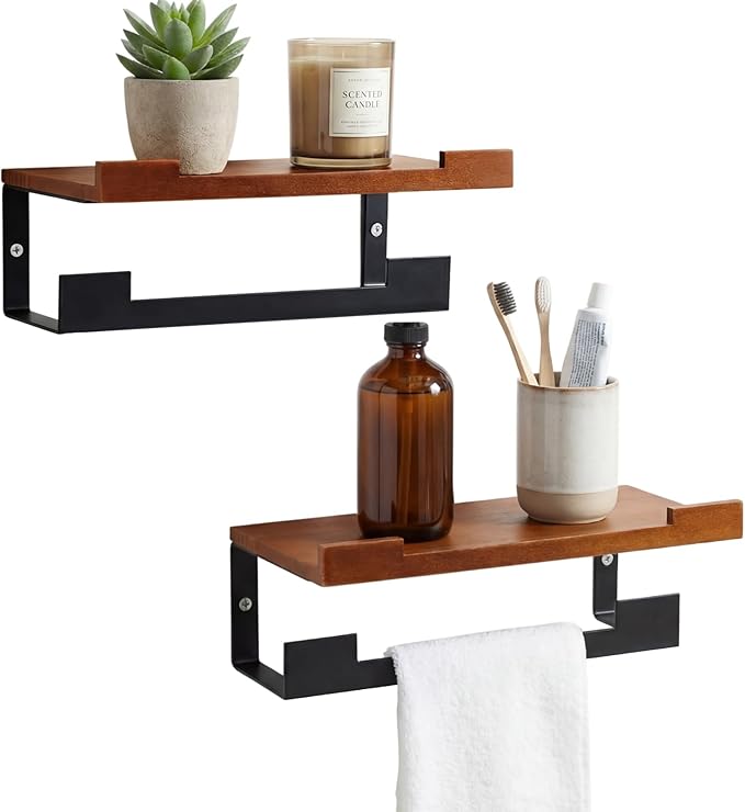 2 Pack Hand Towel Holder/Towel Ring with Wooden Shelf, 9.3 Inch Metal Bath Accessories Wall Mounted Household Decor Hand Towel Hanger for Bathroom Washroom Living Room