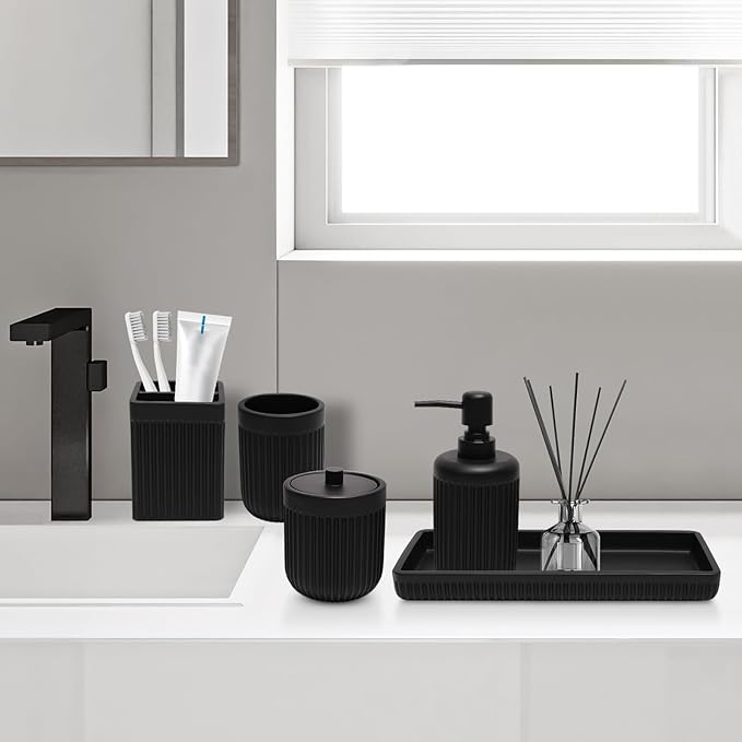 XLHOMO Resin Matte Black Bathroom Accessories Set 5 Pcs, Lotion Soap Dispenser, Toothbrush Holder, Bathroom Tumbler, Qtip Holder and Vanity Tray, Bathroom Countertop Organizer Set for Home Apartment