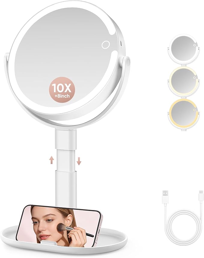 Lighted Makeup Mirror with 10X Magnification, Rechargeable LED Magnifying Vanity Mirror with 3 Lights, Adjustable Height, Storage Base and Phone Holder, White, 8 inch