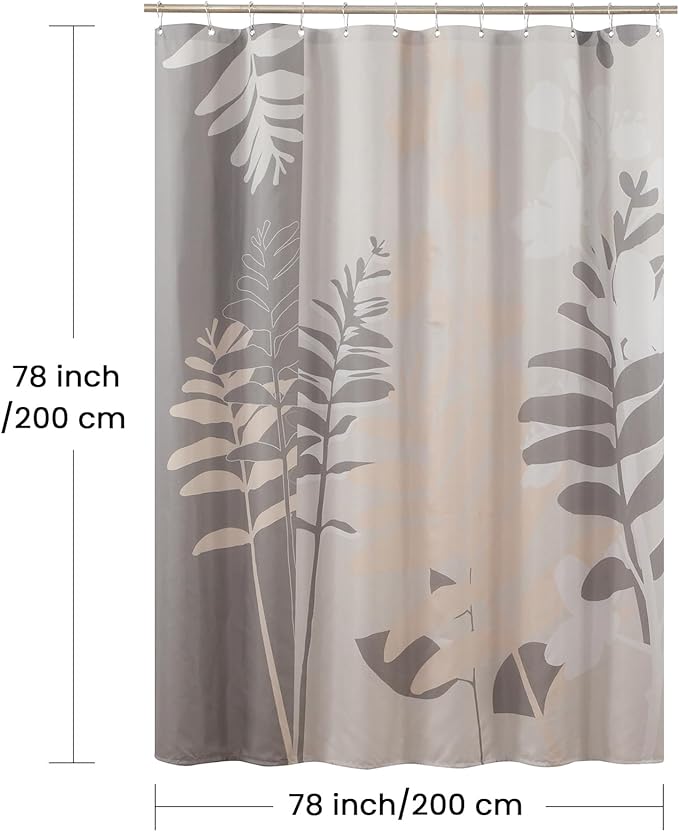 Long Fabric Shower Curtain, Gray and Tan Tropic Botanical Plant Shower Curtains for Bathroom, Modern Decorative Bathroom Curtains, 78“ W x 78” H