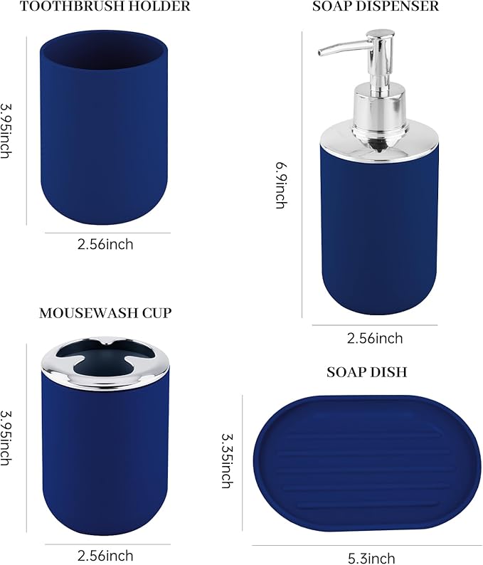 Bathroom Accessory Set, 4 Pcs Plastic Bathroom Set Include Soap Dispenser, Soap Dish, Toothbrush Holder, Mousewash Cup, Modern Bahtroom D??cor Set, Space Save for Bathroom (Blue)