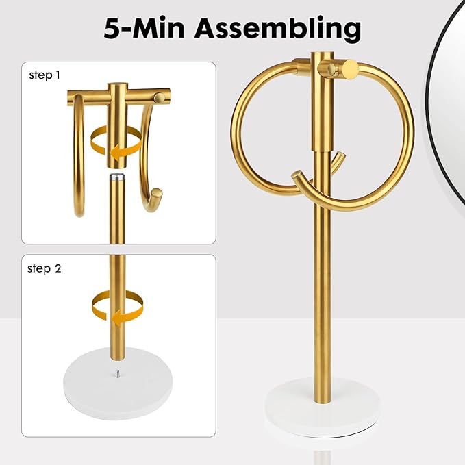 19 inch Brushed Gold Double Towel Holder Stand, Hand Towel Bar Bathroom Vanity Countertop Towel Holder Free Standing,Towel Ring Hardware Accessories Towel Rack