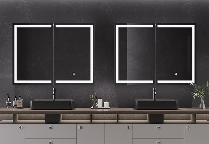 DICTAC Bathroom Medicine Cabinet with Mirror and LED Light, Wall Mounted Bathroom Mirror with Storage, 2 Doors Bathroom Wall Cabinet, Memory Dimmable 3 Color Temp, Adjustable Shelves, 31.5''x23.6''