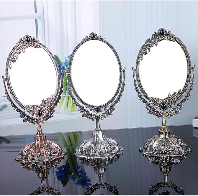 Guppy Small Metal Vintage Makeup Mirror, Floral Tabletop Oval Cosmetic Mirror, Vintage Swivel Double Sided Cosmetic Mirror, with Embossed Frame Base, Retro Mirror for Dressing Bedroom-Red Bronze