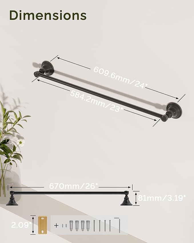 Towel Bar 24inch, Stainless Steel Bathroom Towel Rack Wall Mounted, Heavy Duty Towel Rod, Towel Holders for Bathroom, Kitchen (Matte Black)