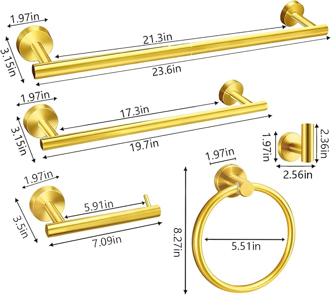 Upgraded & Thickened 5-Piece Brushed Gold Bathroom Hardware Set, 5-in-1 Towel Rack Kit, 23.6 Inch SUS304 Stainless Steel Towel Bar & Toilet Paper Holder, Modern Gold Bathroom Accessories (5 Pack)