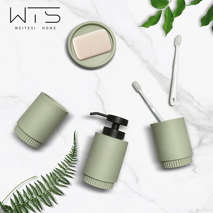 Resin Bathroom Accessories Set, 4 Pcs Modern Bathroom Accessory Set with Liquid Plastic Pump Lotion Soap Dispenser,2 Toothbrush Cup, Soap Dish Countertop Vanity Organizer(Sage Green)